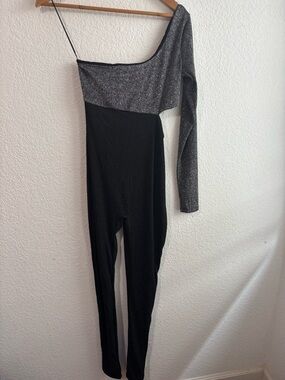 Naked Wardrobe One-Shoulder Metallic Silver Black Jumpsuit Medium